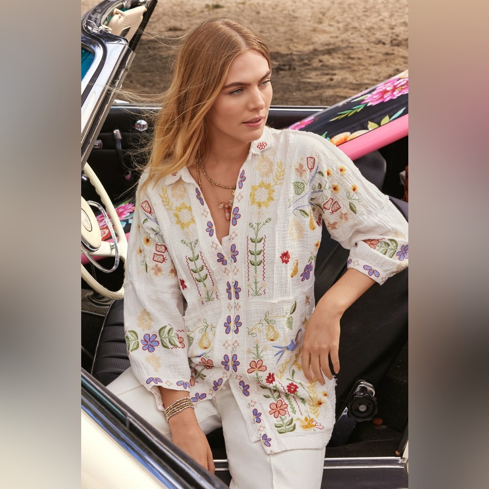 NWT Johnny Was PETITE FELICITY TUNIC Floral Embroidered White $248 Blouse PXL